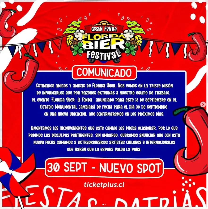 Comunicado nueva fecha fonda Florida Bier | Foto: Instagram @floridabieroficial