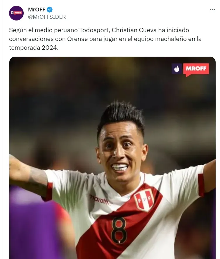 Christian Cueva suena como opción para Orense de Ecuador. (Foto: Cuenta de X de MrOff)