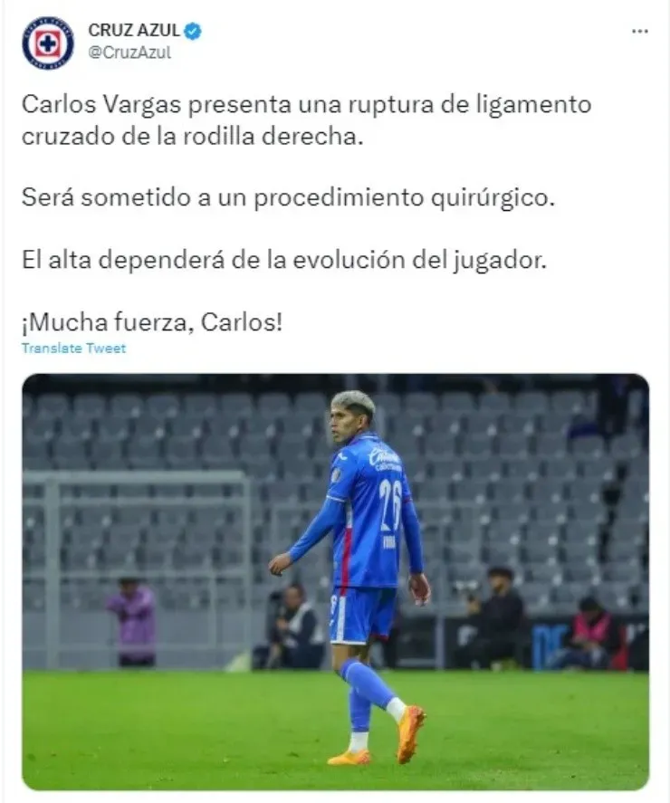 Así informaron la lesión del defensor (Captura de Twitter)