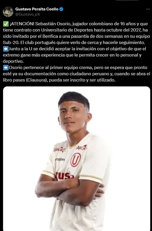 Sebastián Osorio sale de Universitario (Foto: X).