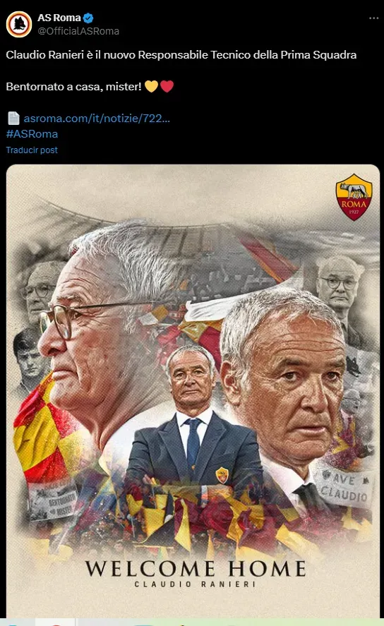 Ranieri, nuevo DT de Roma.