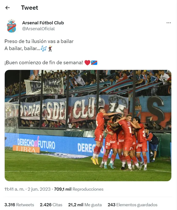 Tomado del Twitter de Arsenal de Sarandí de Argentina.