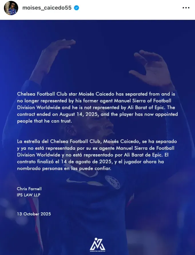 El comunicado de Moisés Caicedo. (Foto: @moises_caicedo55)
