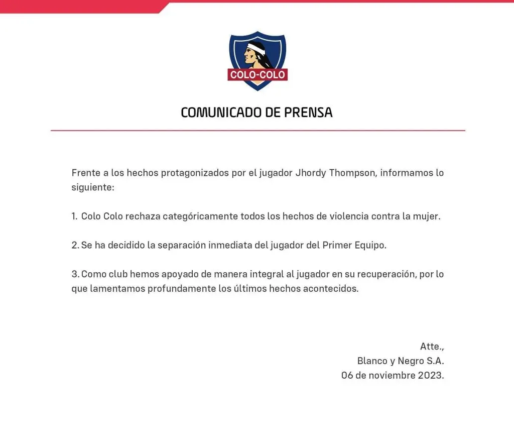 Comunicado de Colo Colo con respecto a la situación de Jordhy Thompson. Fuente: X de Colo Colo