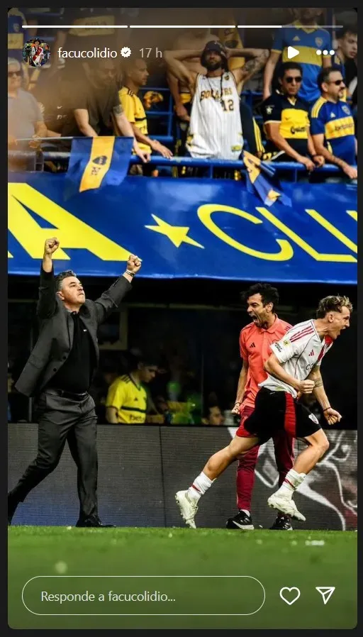 Facundo Colidio, uno de los mejores jugadores de River en el Superclásico que el Millonario le ganó a Boca en La Bombonera en el regreso de Marcelo Gallardo, posteó una foto de Diego Haliasz, fotógrafo de La Página Millonaria.