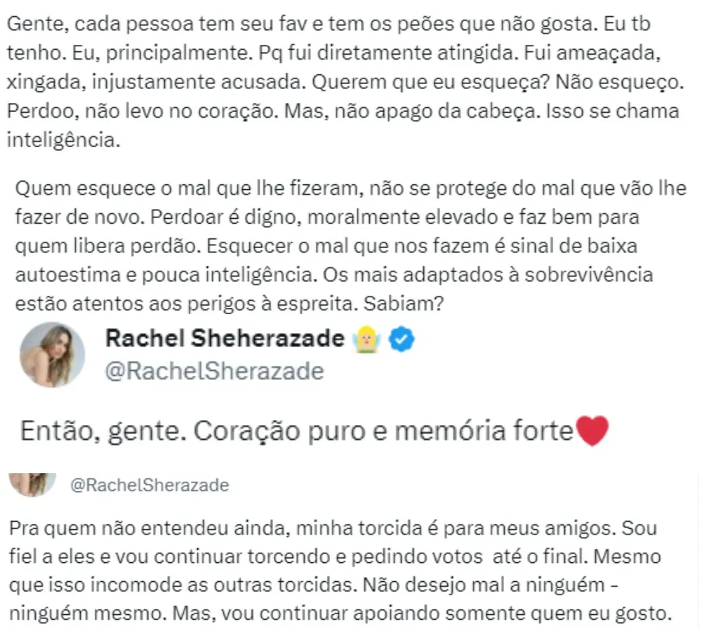 Publicações de Rachel Sheherazade – Reprodução/X (antigo Twitter)