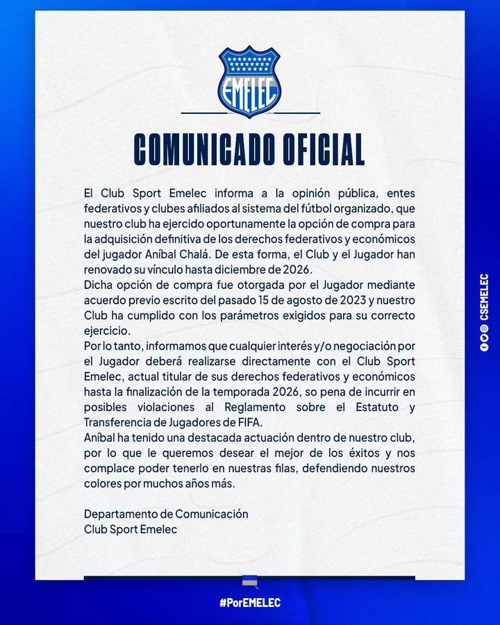 Esta fue la respuesta de Emelec en sus redes sociales por el caso de Aníbal Chalá. (Foto: @CSEmelec)