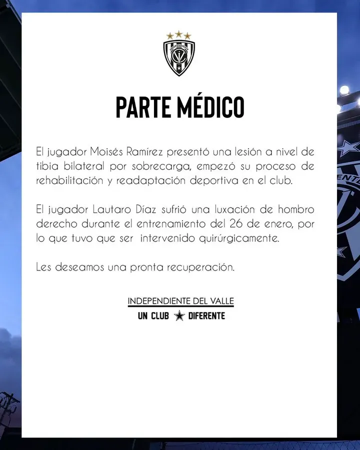 Con este comunicado Independiente del Valle confirmó las lesiones de Lautaro Díaz y Moisés Ramírez. (Foto: @IDV_EC)