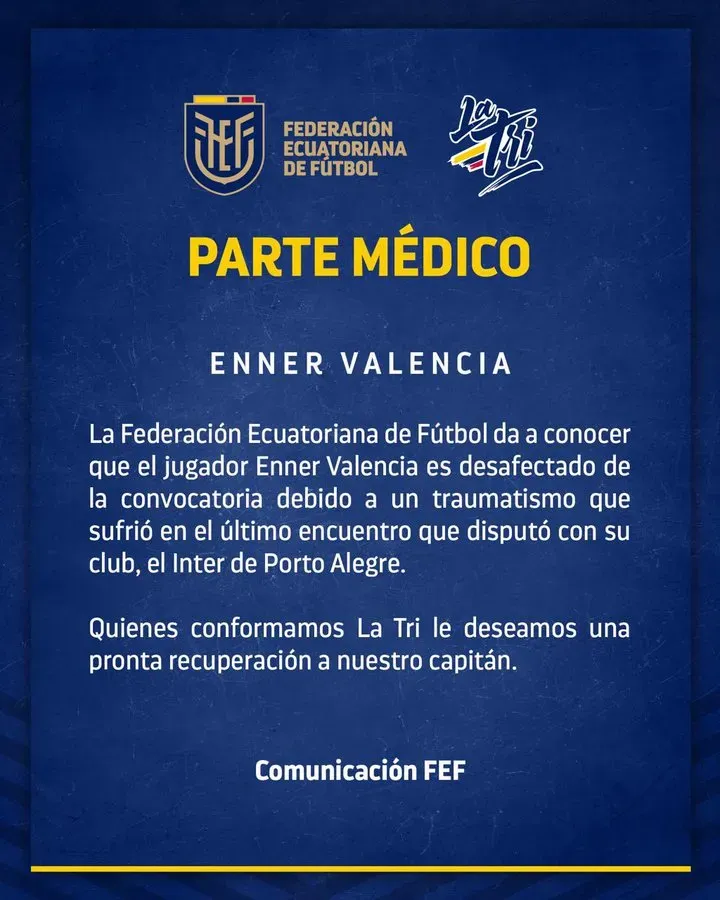 Así comunicó la Selección de Ecuador la desafección de Enner Valencia. (Foto: @LaTri)