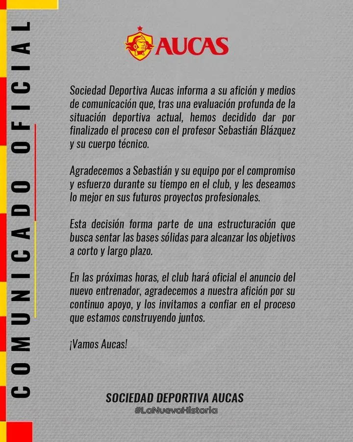 Así se comunicó la salida de Blázquez con Aucas. (Foto: @Aucas45)