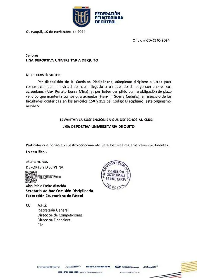 FEF levanta la suspensión a Liga de Quito. (Foto: @sebasaconda)