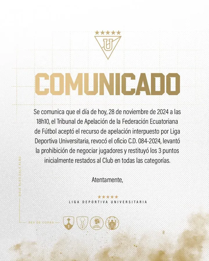 El comunicado de Liga de Quito sobre la resolución de FEF. (Foto: @LDU_Oficial)