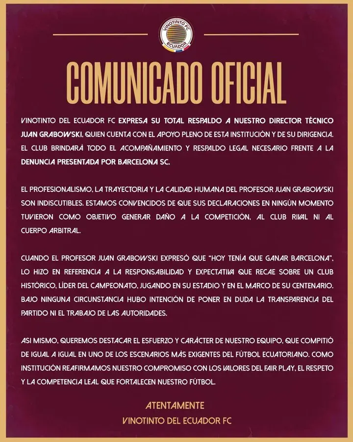 El Comunicado de Vinotinto del Ecuador. (Foto: @vinotinto_ec)