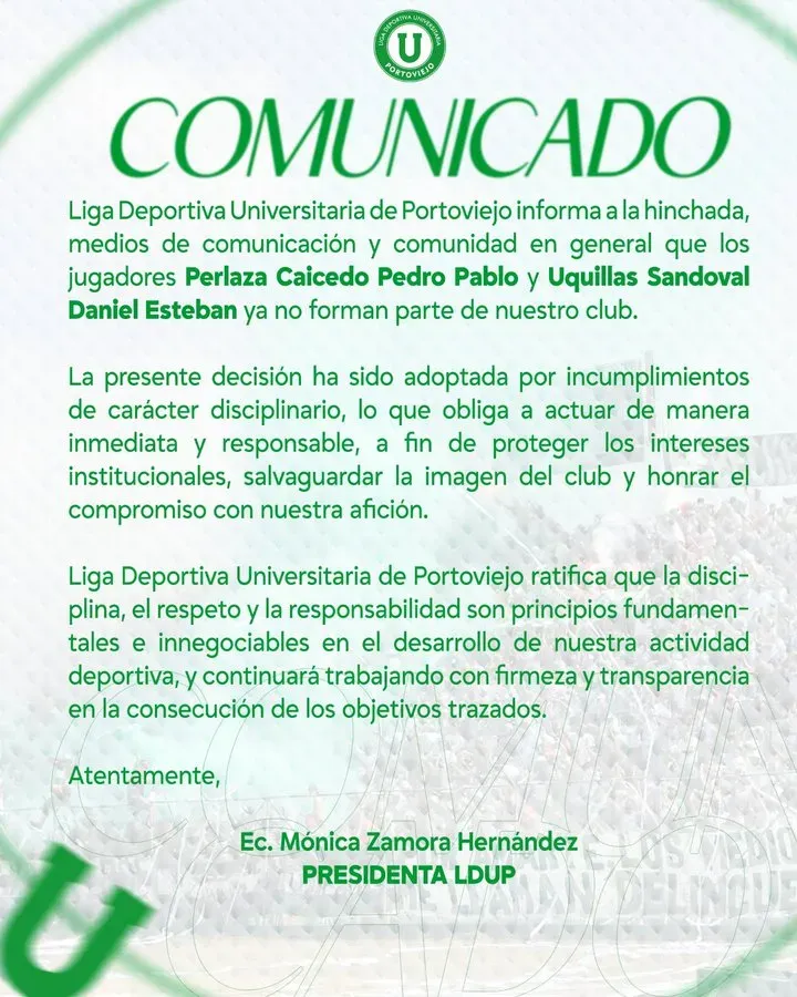 El Comunicado de Liga de Portoviejo sobre la salida de Perlaza. (Captura de pantalla)