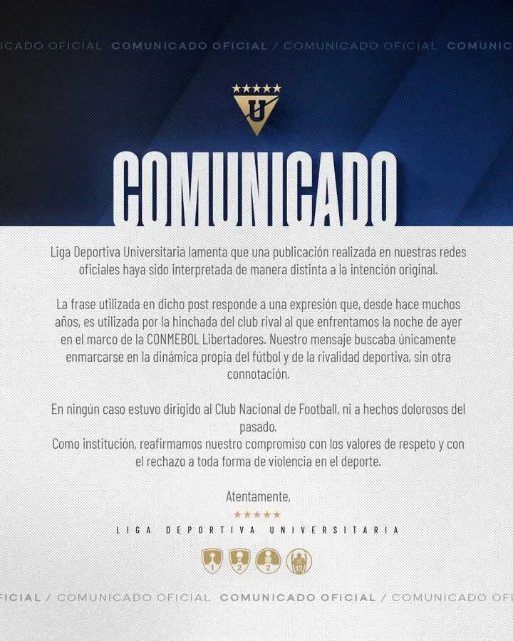 Comunicado Liga de Quito, respondiendo a Nacional y Peñarol.