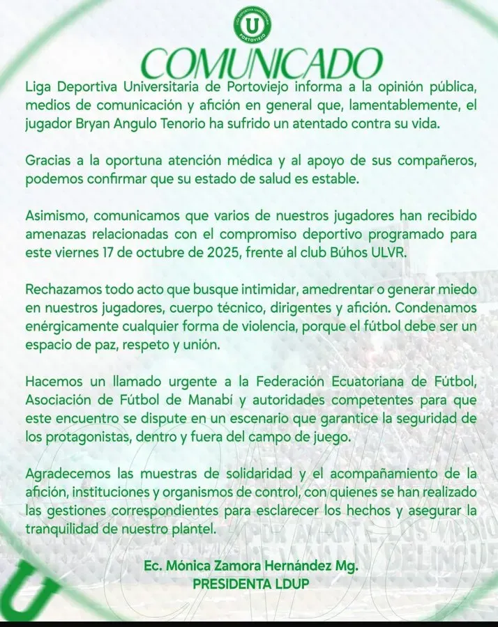Comunicado Liga de Portoviejo