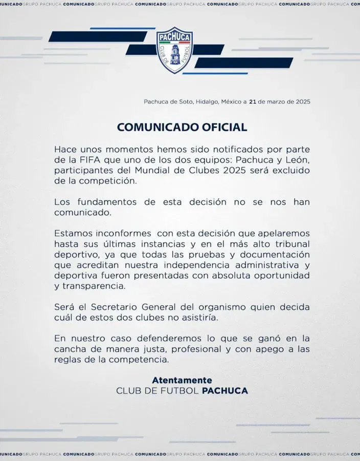 El comunicado que emitió Pachuca en las redes. (Pachuca Oficial)