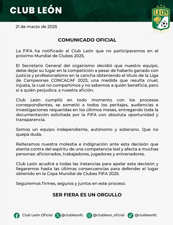 El comunicado del Club León en X. (León Oficial)