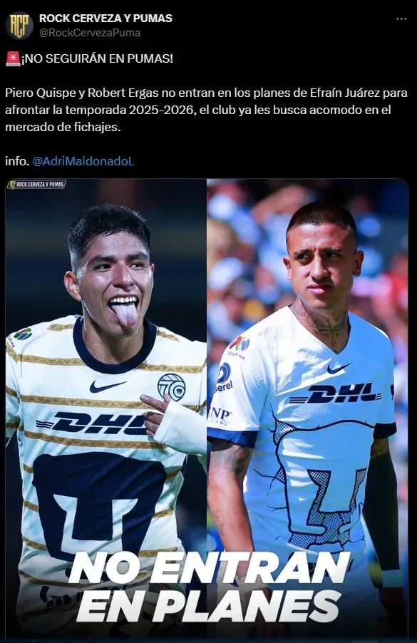 Piero Quispe no seguirá en Pumas (Foto: X @RockCervezaPuma).