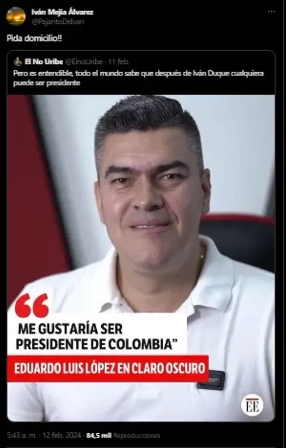 Iván Mejía reacciona a Eduardo Luis como presidente de Colombia. (Foto: PajaritoDeIvan)