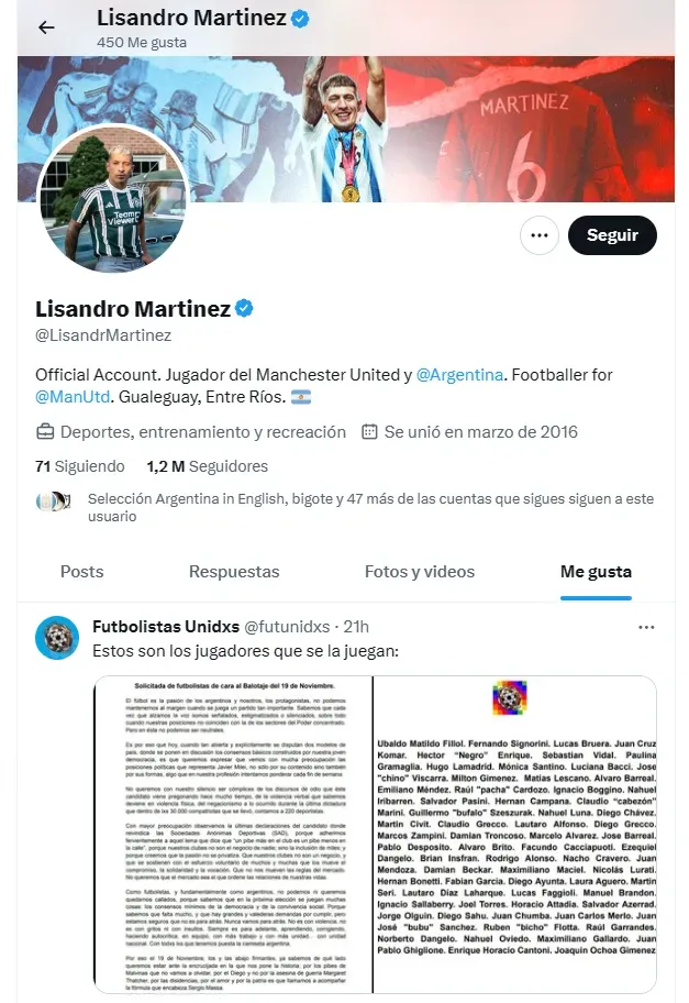 Lisandro Martínez “likeó” la carta de Futbolistas Unidxs contra las SAD. (Getty)
