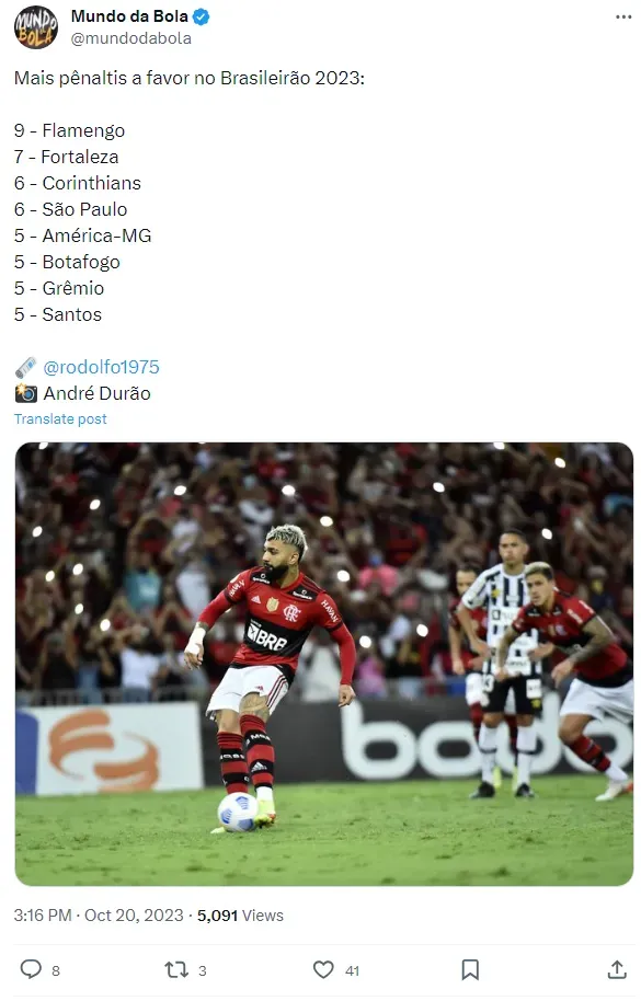 Flamengo lidera ranking de pênaltis em 2023; veja top 5 entre times da  Série A