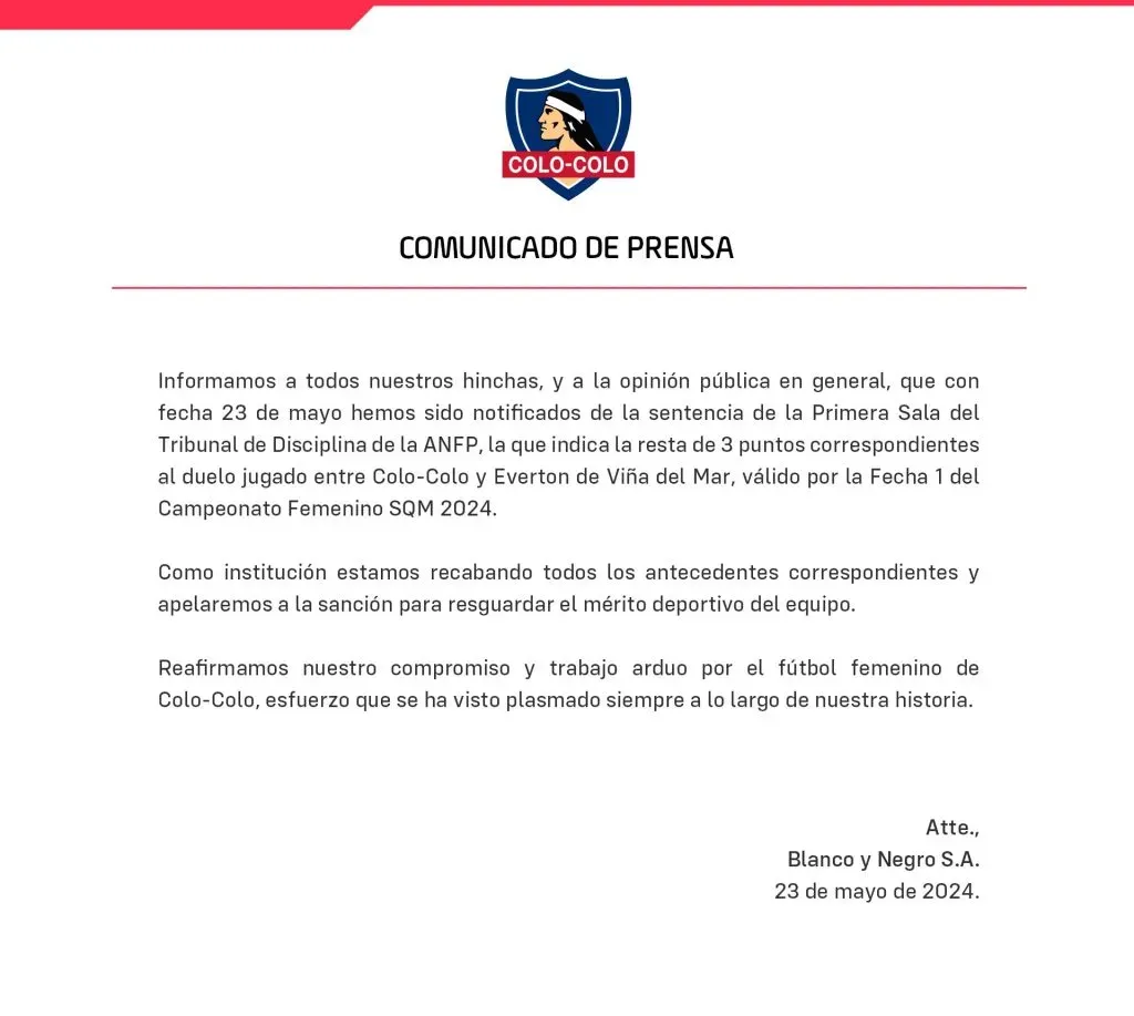 El comunicado de Colo Colo femenino tras perder tres puntos por secretaría.