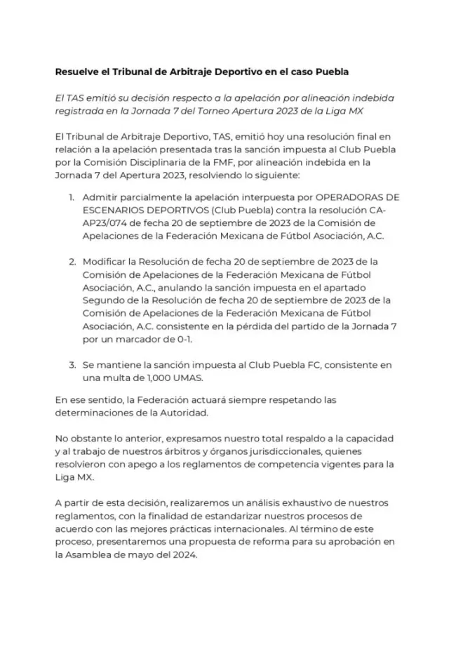 Resolución del TAS a favor de Puebla. (Foto: FMF)