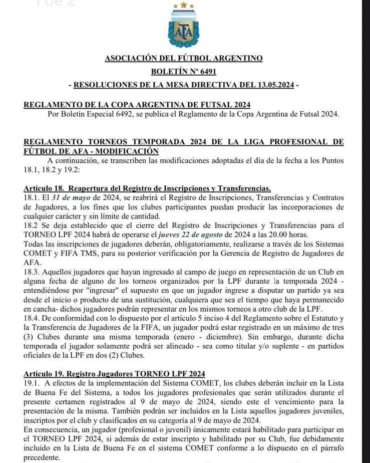 El cambio de la AFA en la fecha de cierre del mercado de pases.