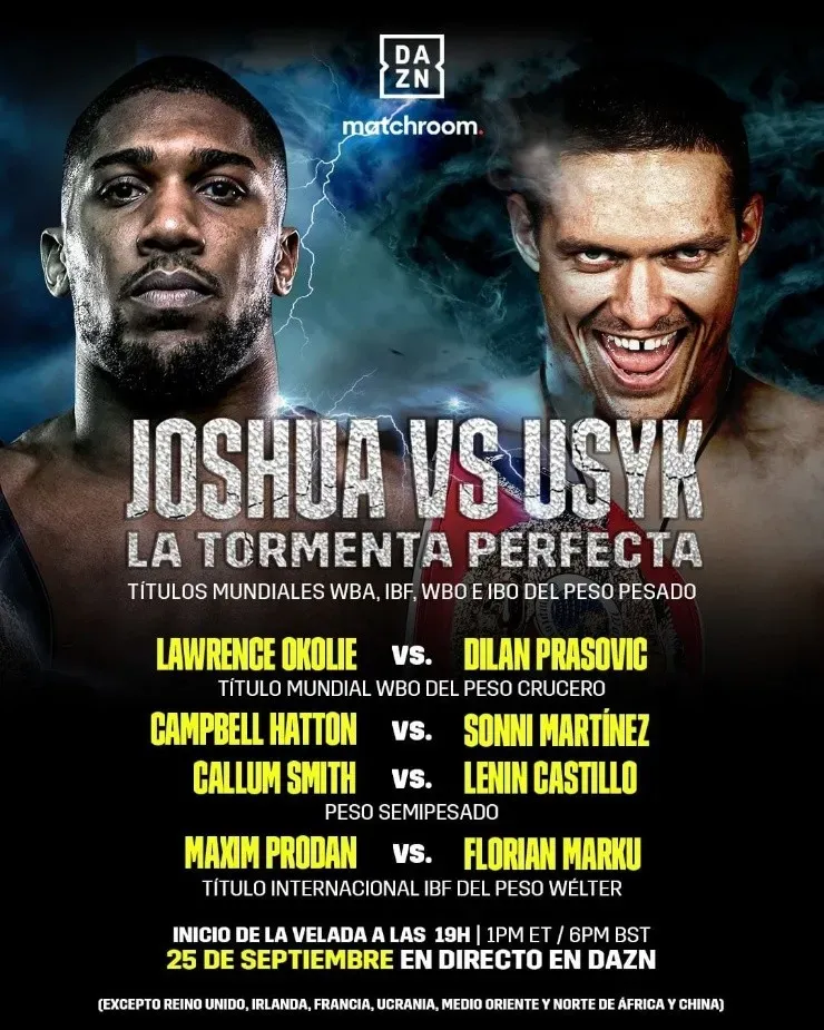 Cartelera oficial del evento donde se enfrentarán Joshu y Usyk. (Foto: DAZN España)