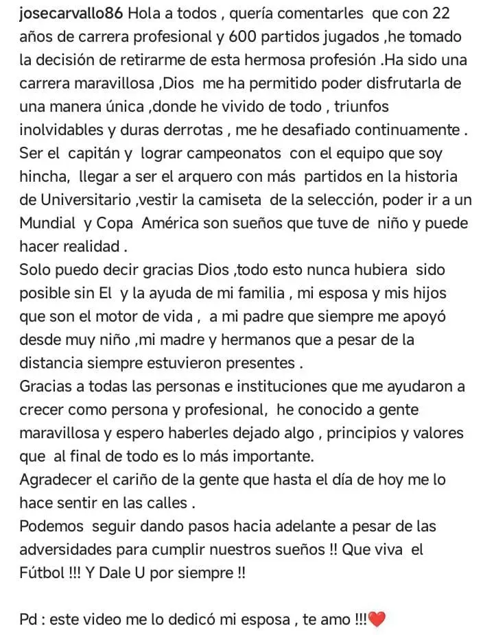 Mensaje de José Carvallo. (Foto: Instagram).