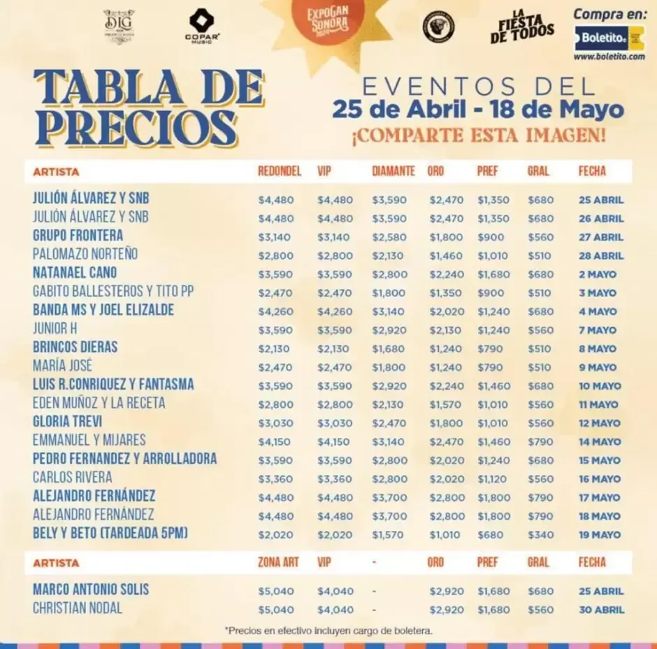 Lista de precios confirmada para el EXPOGAN en el Palenque Hermosillo 2024.