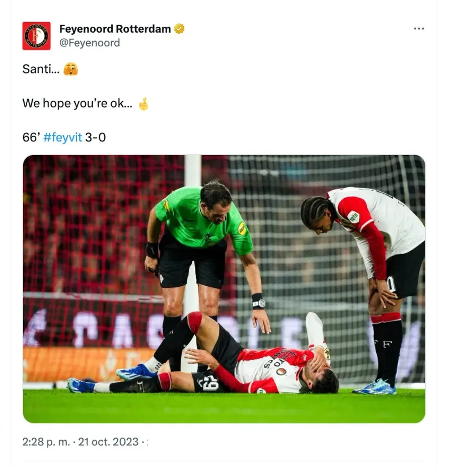 Santi Giménez sufrió un fuerte golpe en el partido del Feyenoord