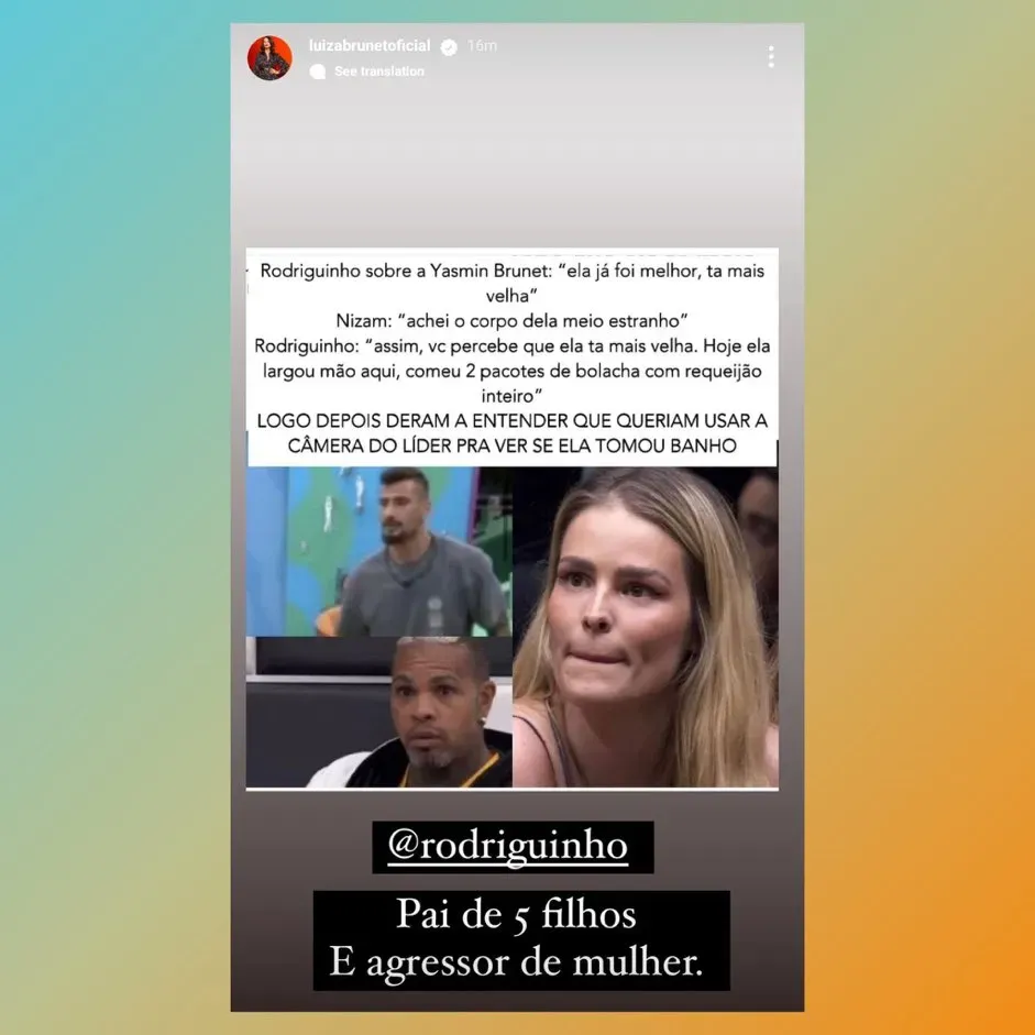 Luiza Brunet relembra acusações contra Rodriguinho. Reprodução: Instagram/Luiza Brunet.