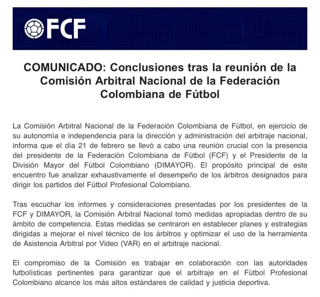 Comunicado de la FCF sobre el arbitraje en el FPC. (Foto: X / @cesaralo)