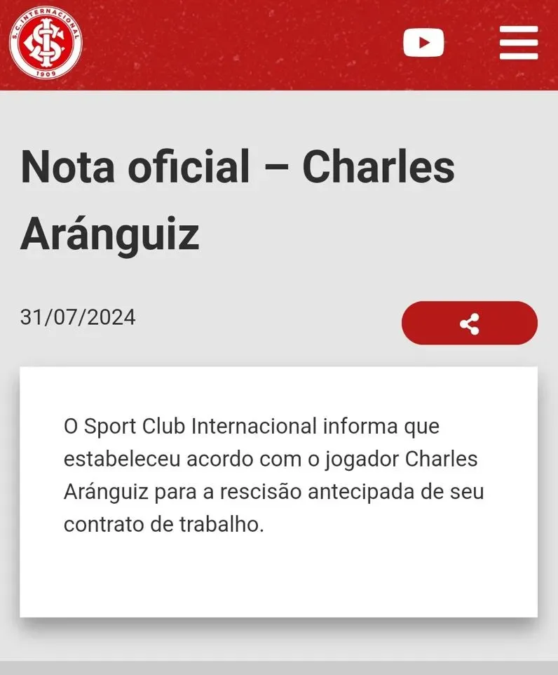 El comunicado oficial de la salida de Charles Aránguiz (Inter de Porto Alegre)