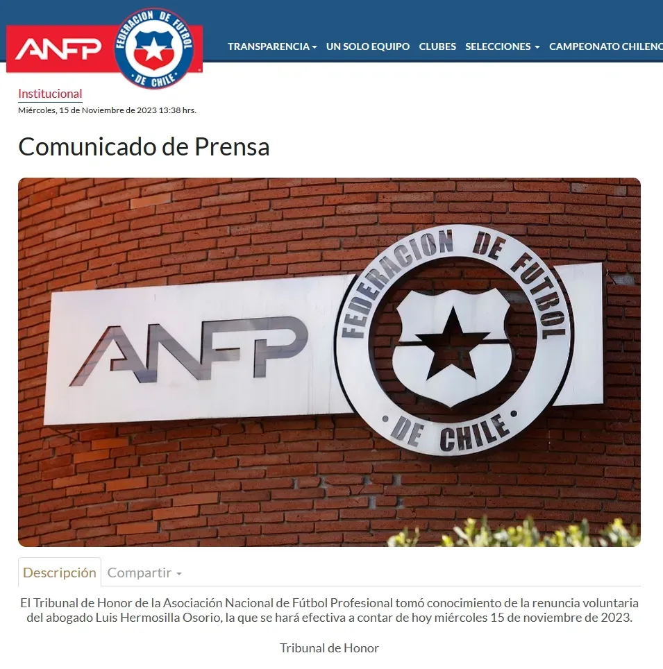 El comunicado por el caso Luis Hermosilla (ANFP)