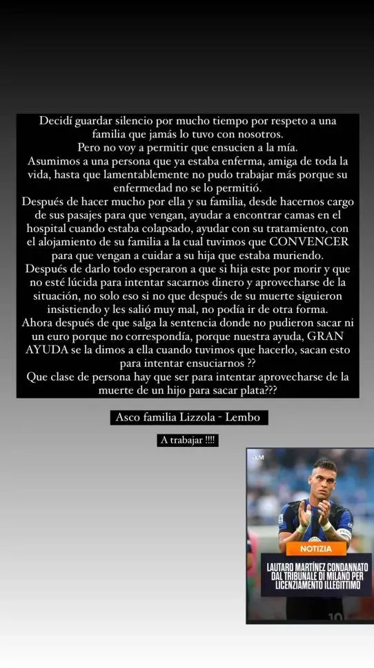 El descargo de Lautaro en Instagram.