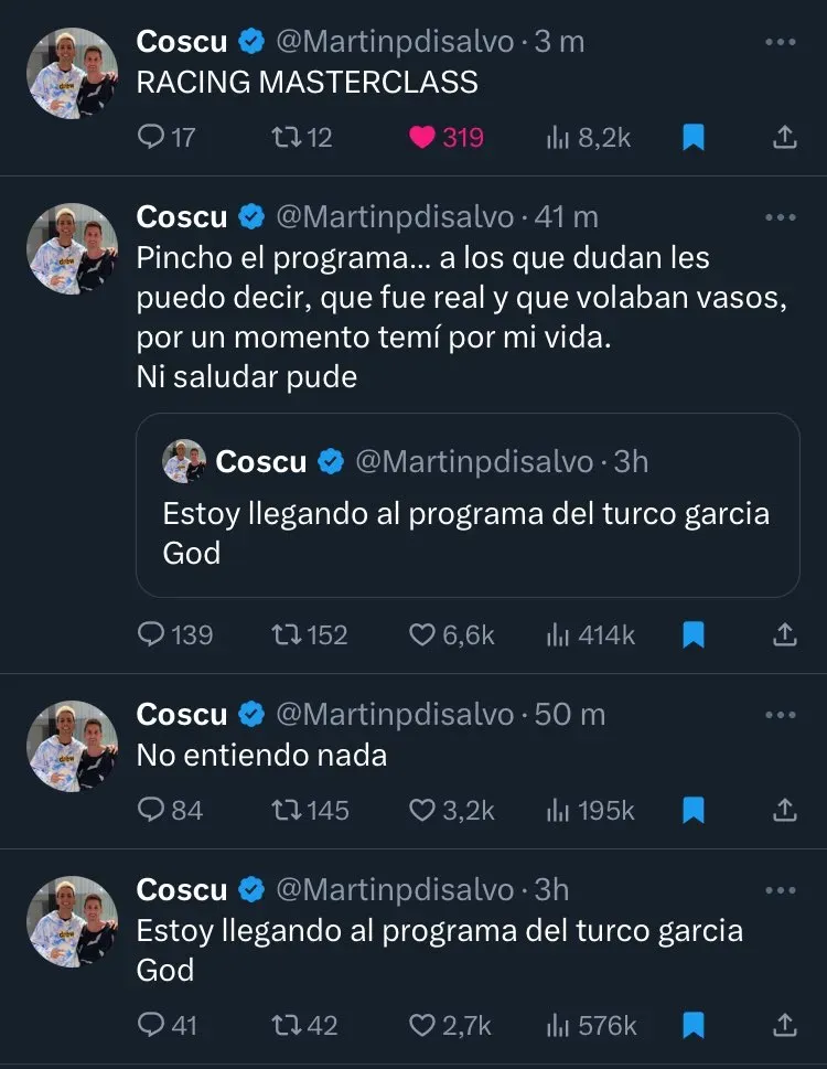 La reacción de Coscu a la pelea entre el Turco García y Tati de Camisetas Nani (Twitter @Martinpdisalvo).