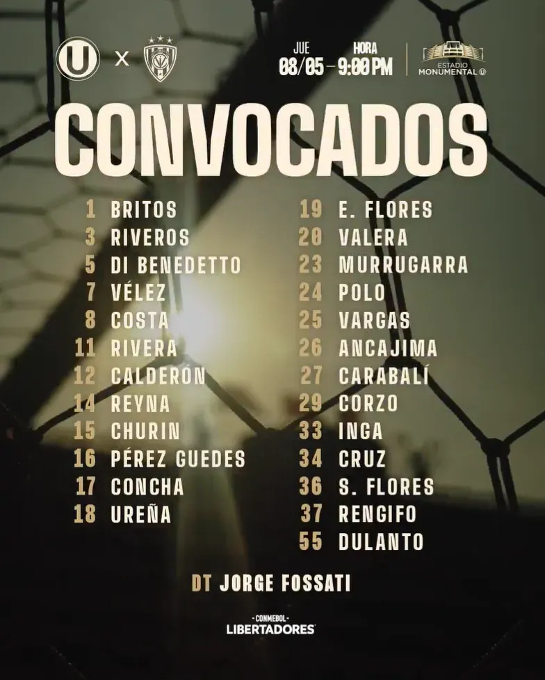 Lista oficial de convocados de Universitario vs. IDV por Libertadores. (Foto: Universitario)