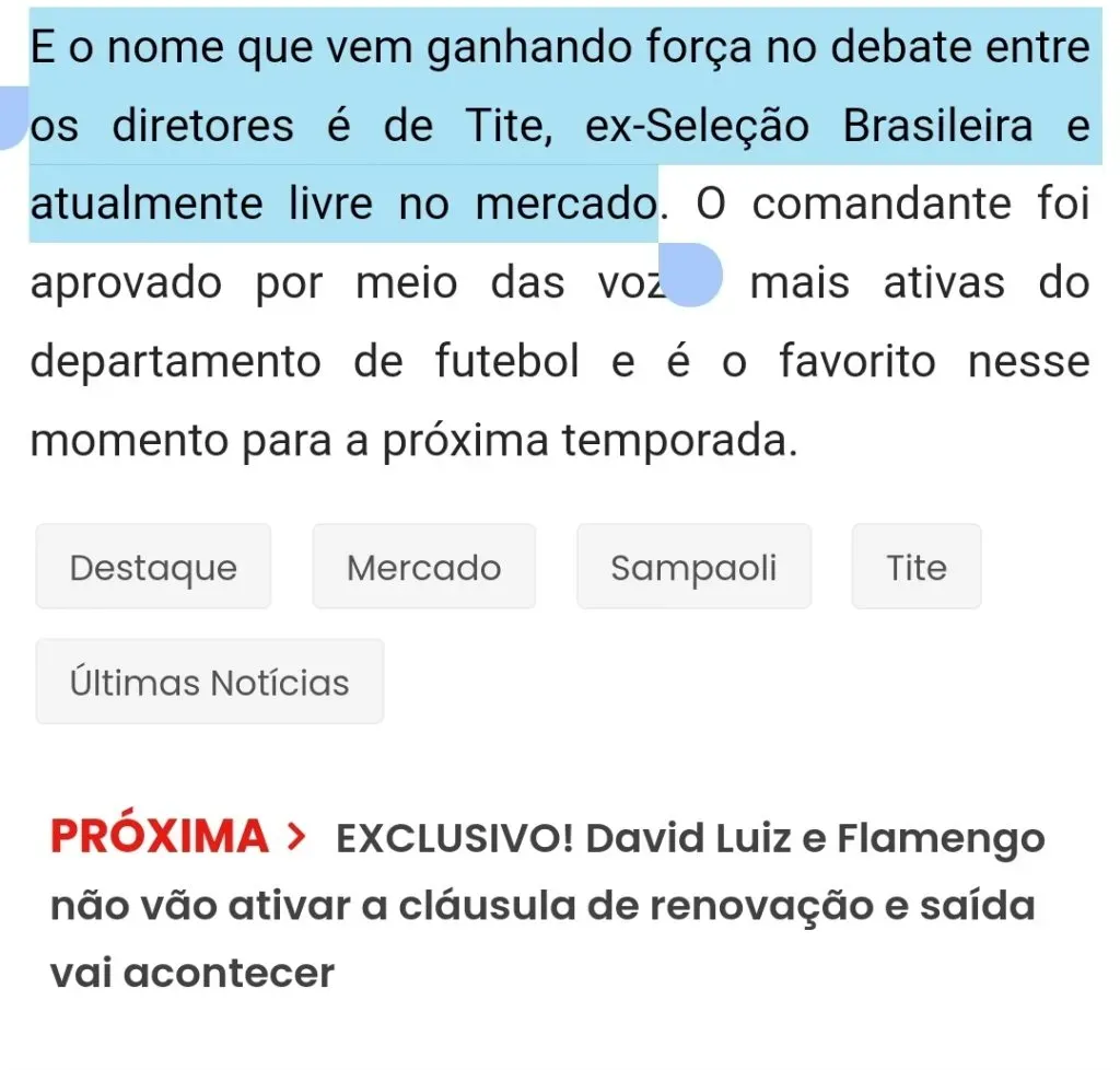 Trecho da matéria do Fla Web que comenta a escolha do Flamengo por Tite