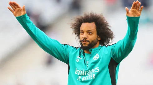 PARIS, FRANCE - MAY 27: Marcelo of Real Madrid reacts during the Real Madrid Training Session at Stade de France on May 27, 2022 in Paris, France. Real Madrid will face Liverpool in the UEFA Champions League final on May 28, 2022. (Photo by Catherine Ivill/Getty Images)