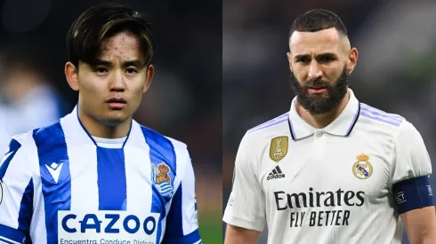 David Ramos/Michael Regan/Getty Images- Takefusa Kubo (Real Sociedad) e Karim Benzema (Real Madrid)