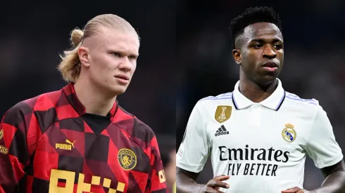 Richard Heathcote/ David Ramos/ Getty Images- Erling Haaland (City) e Vini Jr. (Real Madrid).