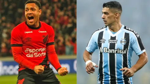 Gabriel Machado/Pedro H. Tesch/AGIF- Vitor Roque (Athletico) e Luis Suárez (Grêmio).