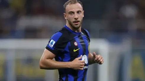 MILAN, ITALY – AUGUST 19: Carlos Augusto of FC Internazionale looks on during the Serie A TIM match between FC Internazionale and AC Monza at Stadio Giuseppe Meazza on August 19, 2023 in Milan, Italy. (Photo by Jonathan Moscrop/Getty Images)