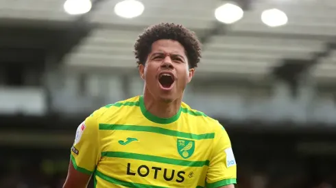 NORWICH, ENGLAND - SEPTEMBER 30: Gabriel Sara of Norwich City celebrates after scoring the team's first goal during the Sky Bet Championship match between Norwich City and Birmingham City at Carrow Road on September 30, 2023 in Norwich, England. (Photo by Cameron Howard/Getty Images)