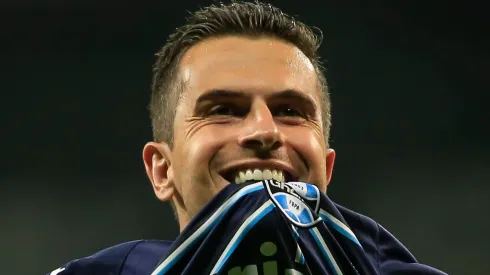 Marcelo Grohe,jogador do Gremio comemora gol durante partida no Mineirao. Foto: Thomas Santos/AGIF