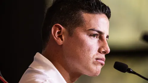 James Rodríguez fala aos jornalista durante sua apresentação oficial como jogador do São Paulo em coletiva de imprensa realizada no CT Barra Funda. Foto: Abner Dourado/AGIF