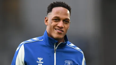 Yerry Mina of Everton looks on during the warm up prior to the Premier League match between Everton and Aston Villa at Goodison Park on January 22, 2022 in Liverpool, England.